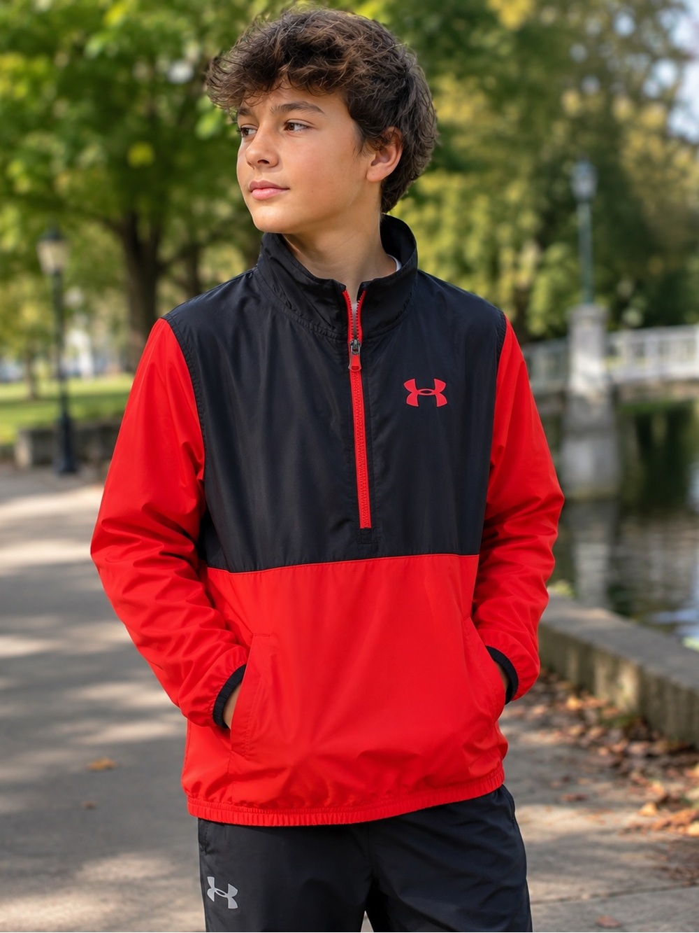 Under Armour Boys YLG Red Black 1/4 Zip Pullover Windbreaker Jacket